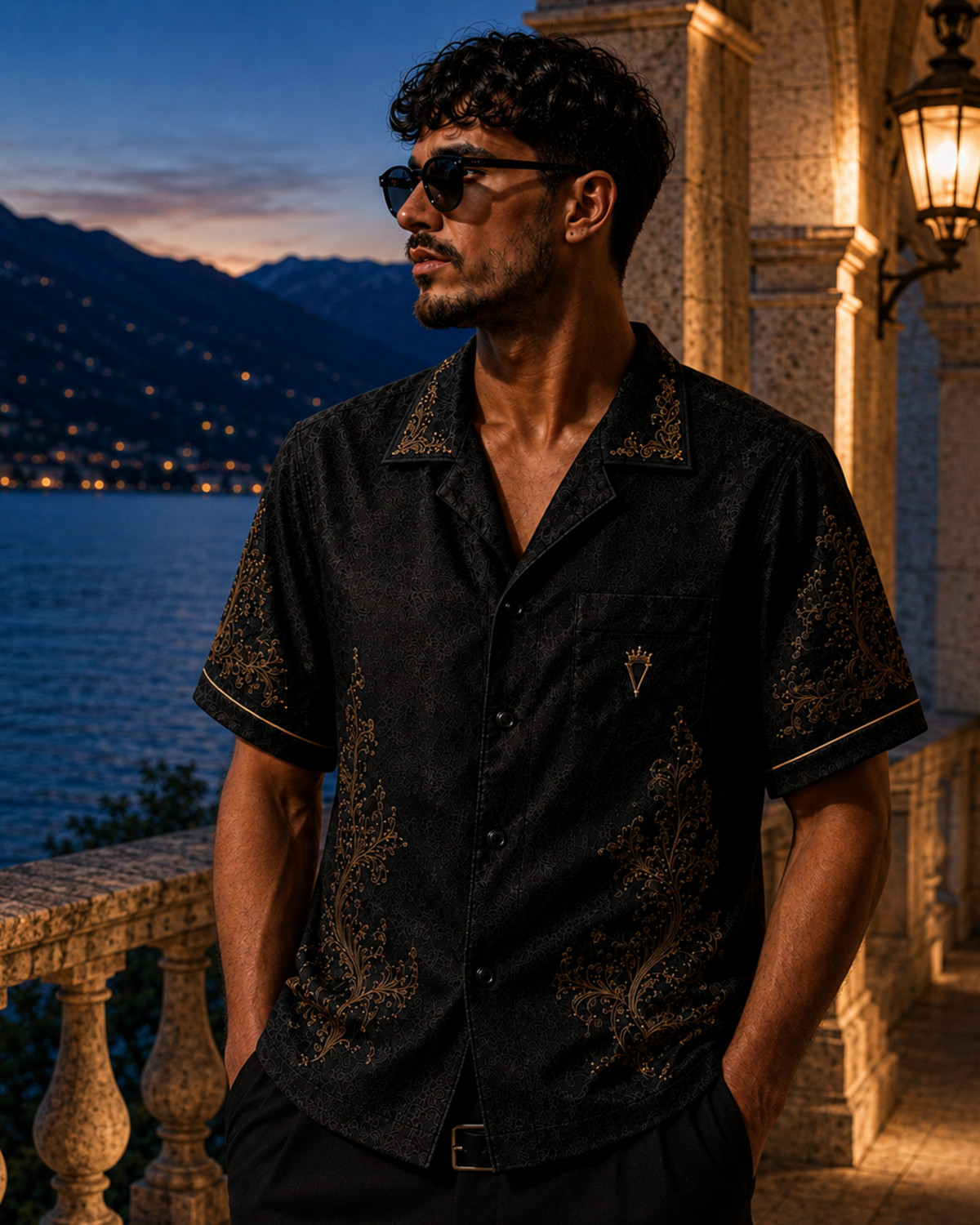 Nocturne Embroidered Resort Shirt getragen bis zur Taille